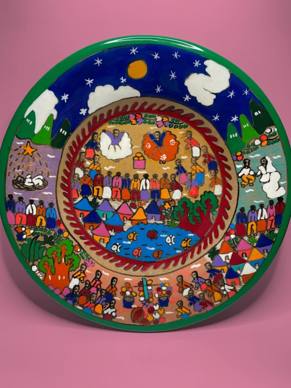 Vintage Hand Painted Mexican Folk Art Terracotta Wall Plate